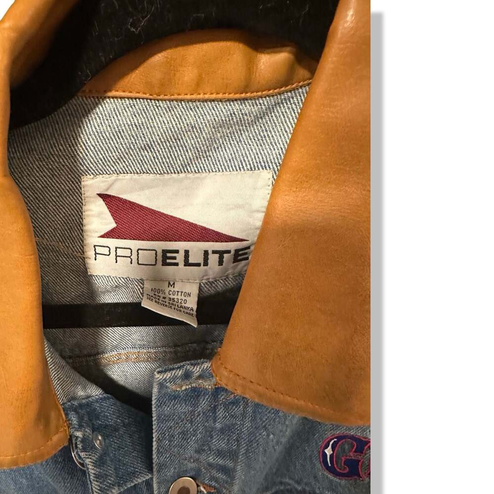 Vintage Pro Elite New York Giants Embroidered Denim Jacket with Leather Collar - Picture 3 of 4
